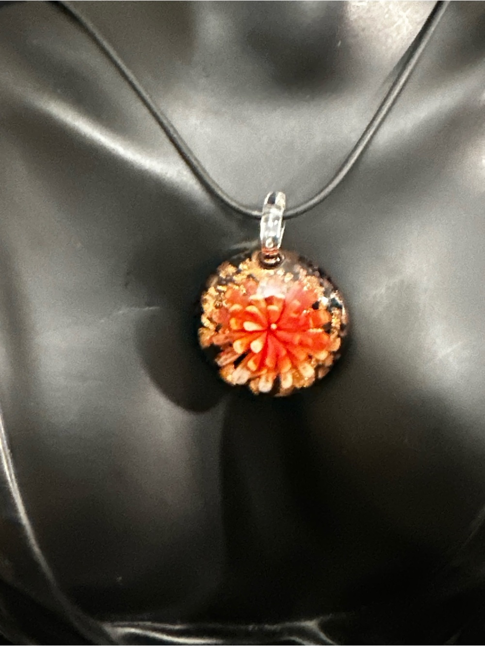 Vintage Orange Floral Glass Pendant Necklace